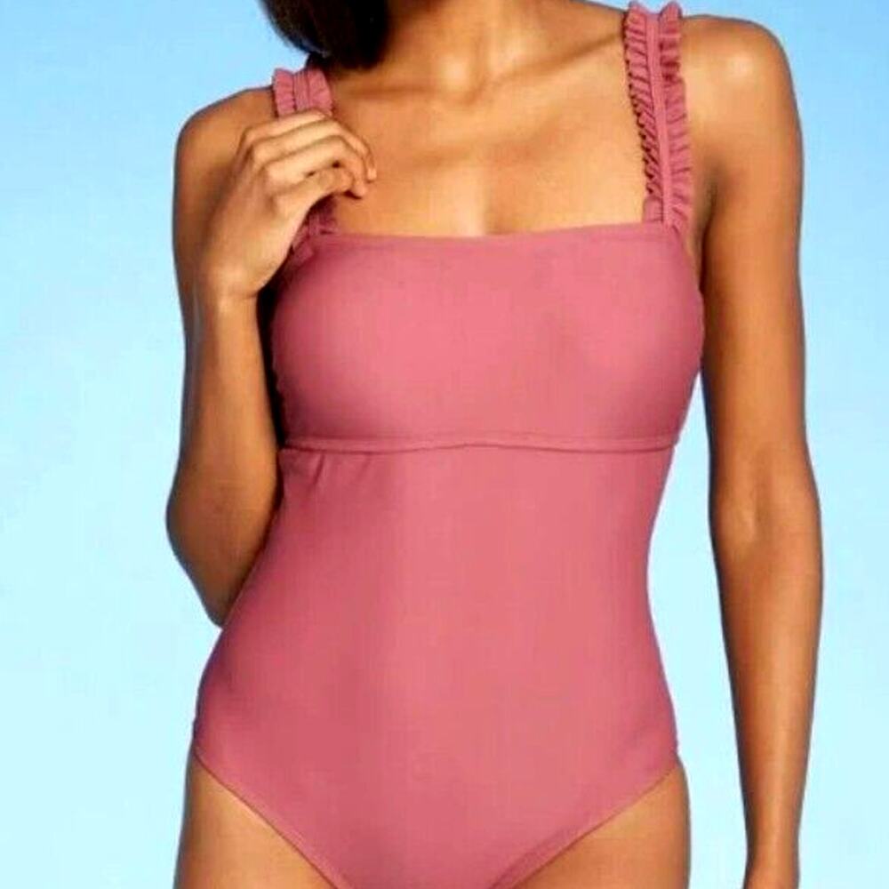 KONA SOL NWT Women's Medium Rose Pink Ruffle Strap Padded One Piece Swimsuit
